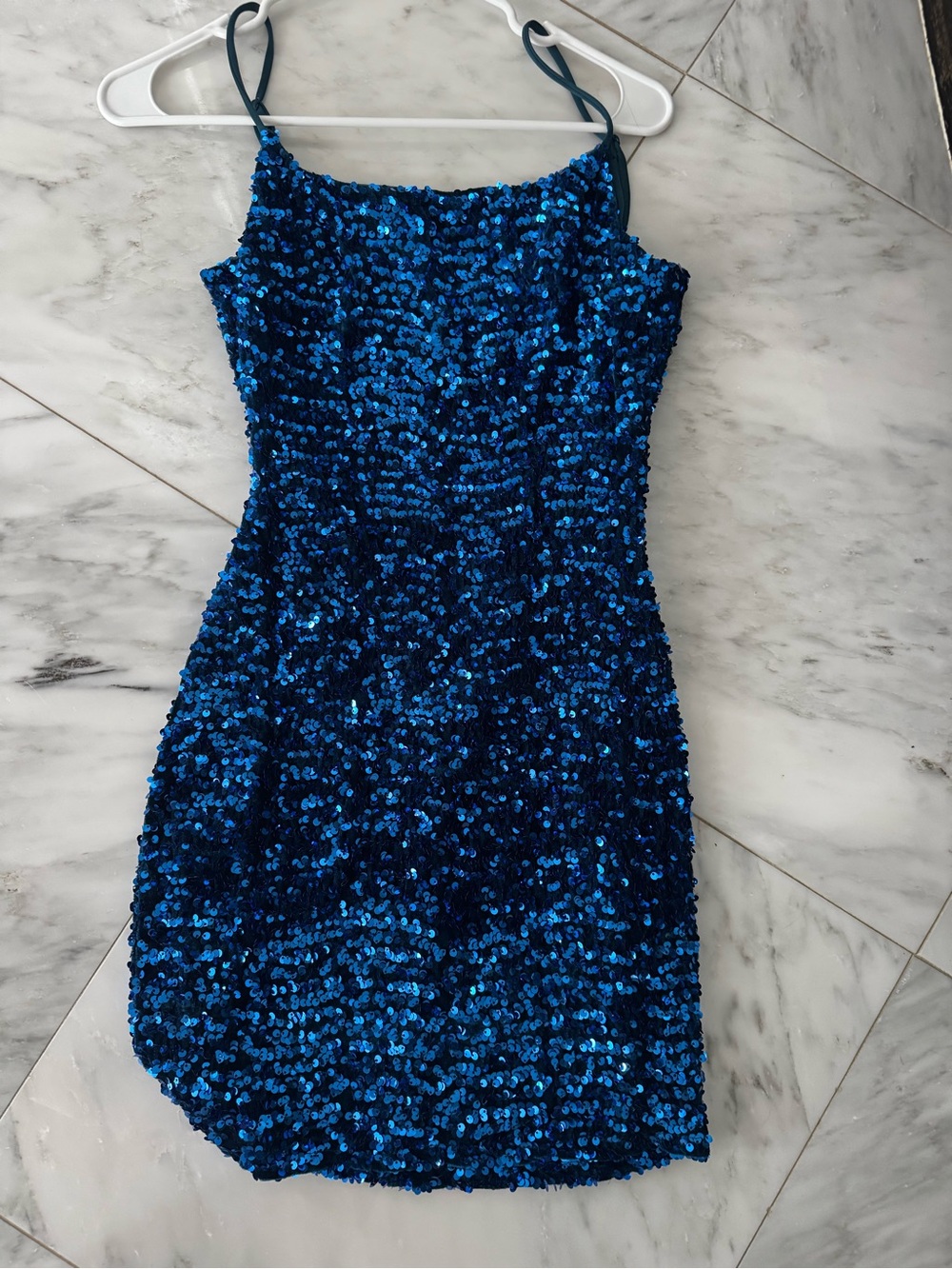 Blue Sequin Spaghetti Strap Mini Dress
